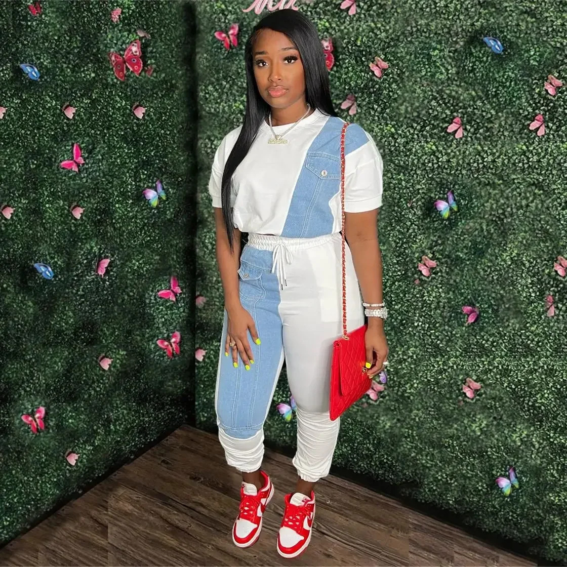 Sports denim patch womens twopiece set sportswear Tshirt and jogging pants matching 240927