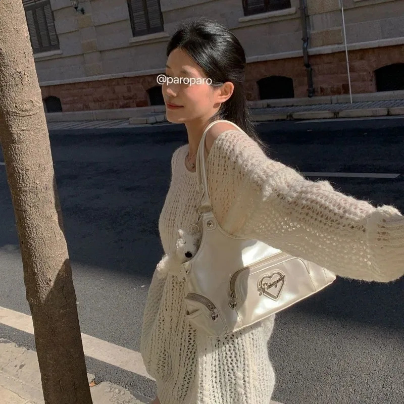 Gainny Y2k White Handbag Womens Motorcycle Shoulder Bag Womens Harajuku Fashion Korean Womens Handbag Aesthetics 240930