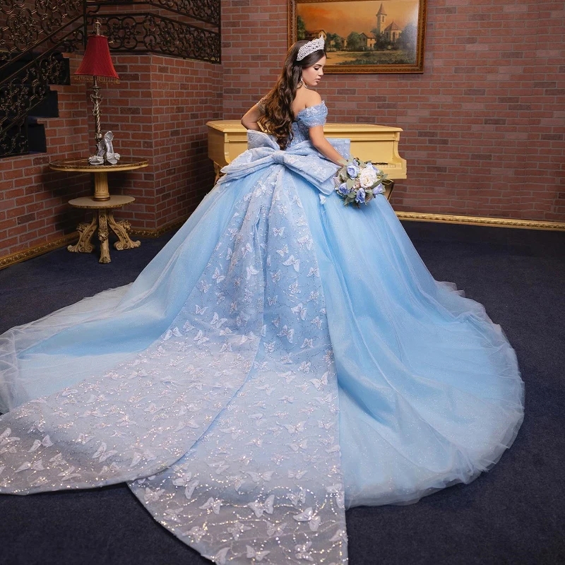 Sky Blue Shiny Sweetheart Quinceanera Dresses Off Shoulder Bow Beading Tull Ball Gown Corset Sweet 16 Dress Vestidos De 15 Anos