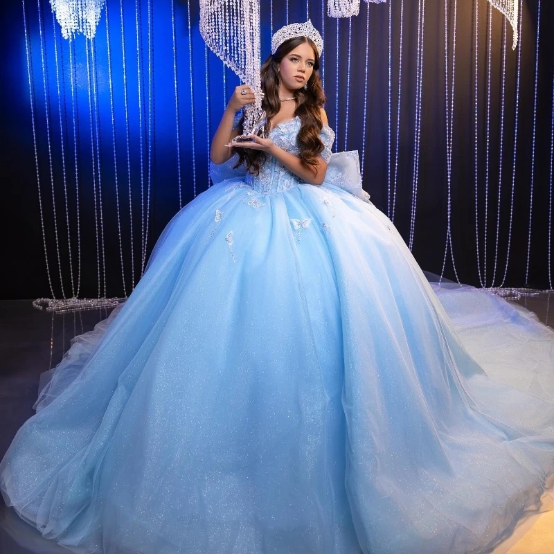 Sky Blue Shiny Sweetheart Quinceanera Dresses Off Shoulder Bow Beading Tull Ball Gown Corset Sweet 16 Dress Vestidos De 15 Anos
