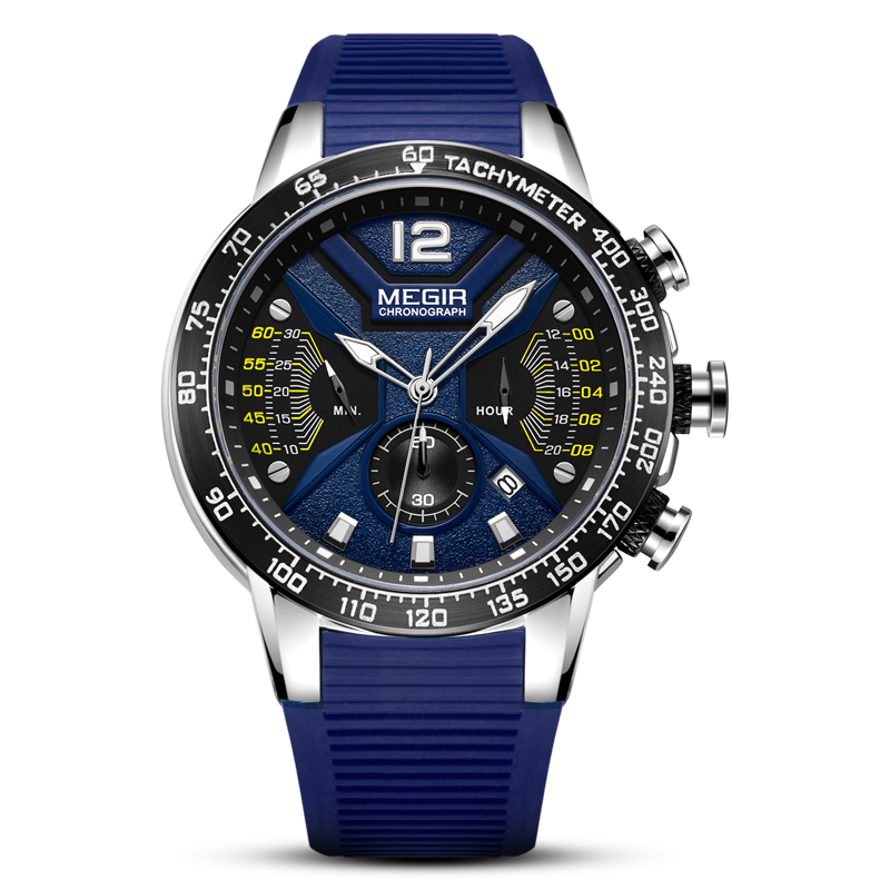 MEGIR Blue Sports Watch Men's Silicone Strap Timing Waterproof Night Light Fashion Casual Quartz Watch Men's 2106