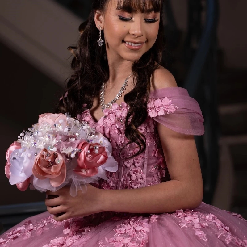 Red Rose Quinceanera Dresses Ful Glitter Off The Shoulder Princess Applique Wer Beads Tull Sweet Dress Vestidos De Anos D