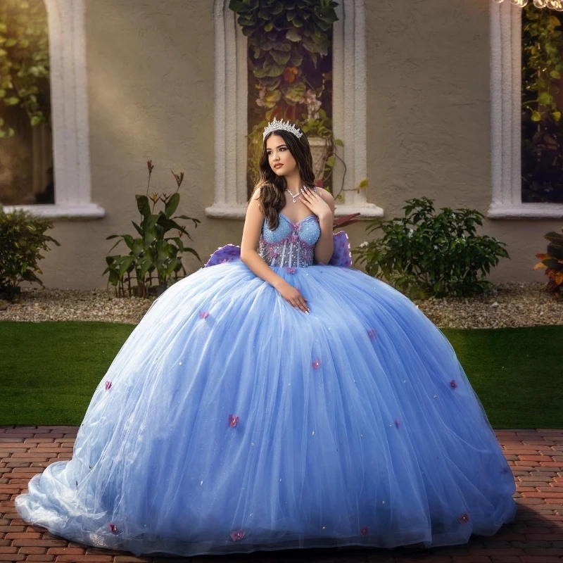 Sky Blue Princess Quinceanera Dresses Off The Shoulder Pink Bow Beads Tull Girls Ball Gown Sweet 16 Dress Vestidos De 15 Anos