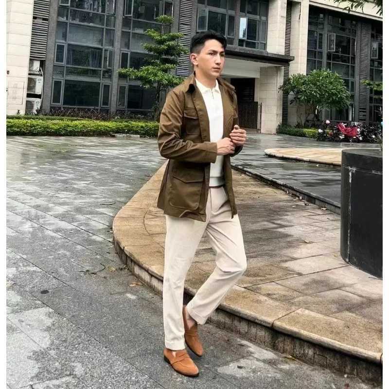 Men's Trench Coat autumn mens multi pocket jacket medium length ultra-thin slim fit windproof waist wrapped casual jacket Z241004