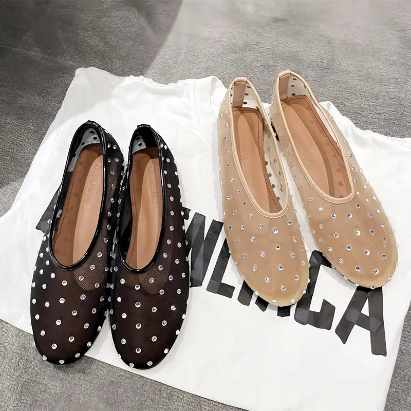 crystal rivet mesh sandals for women lightweight and breathable apartments fashionable and comfortable mule shoes elegant slippers ballet shoes 240923