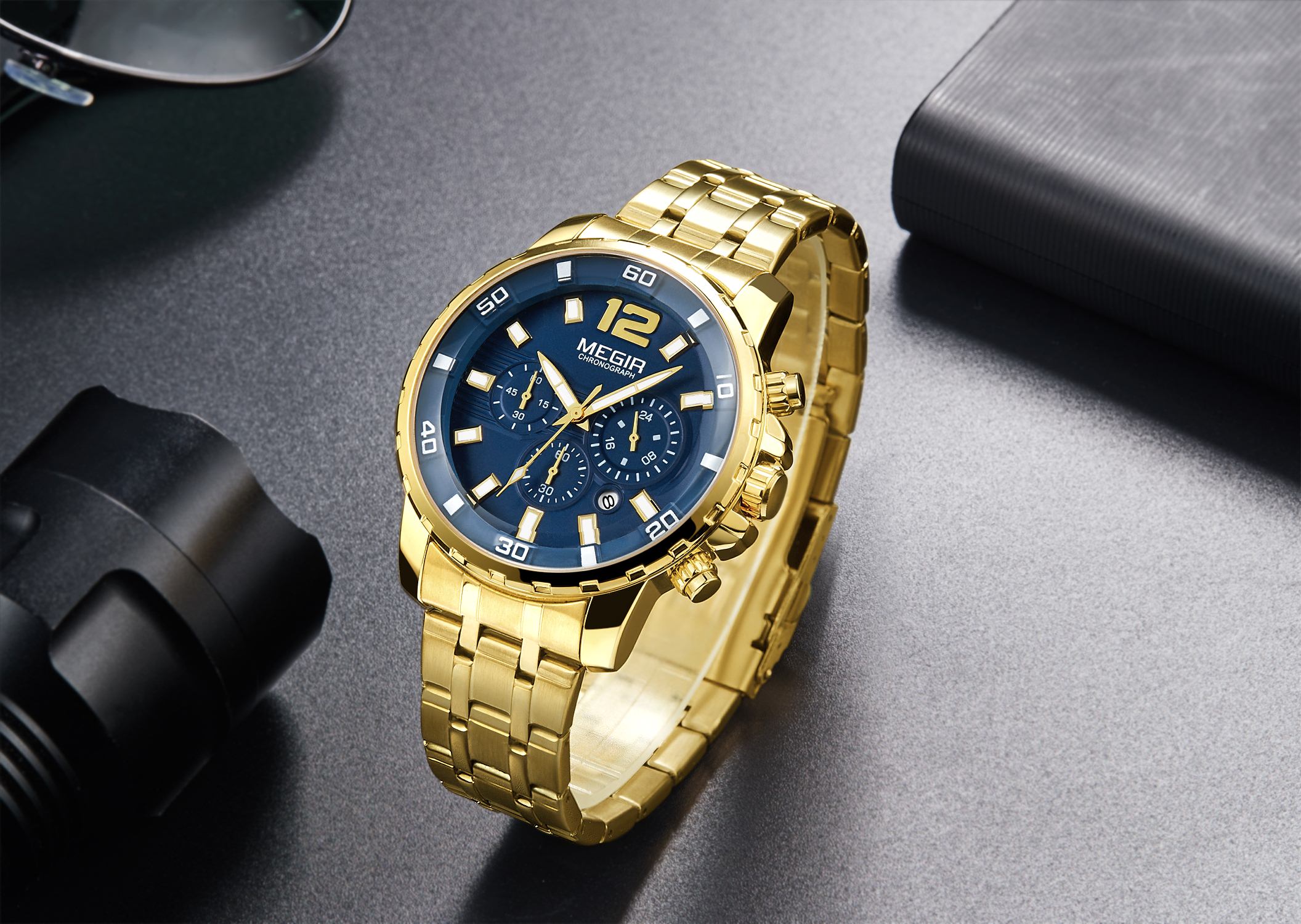 MEGIR 2068 Men's Business Sports Multi functional Watch, Leisure Luxury Waterproof Stainless Steel Timing Quartz Men's Watch 02