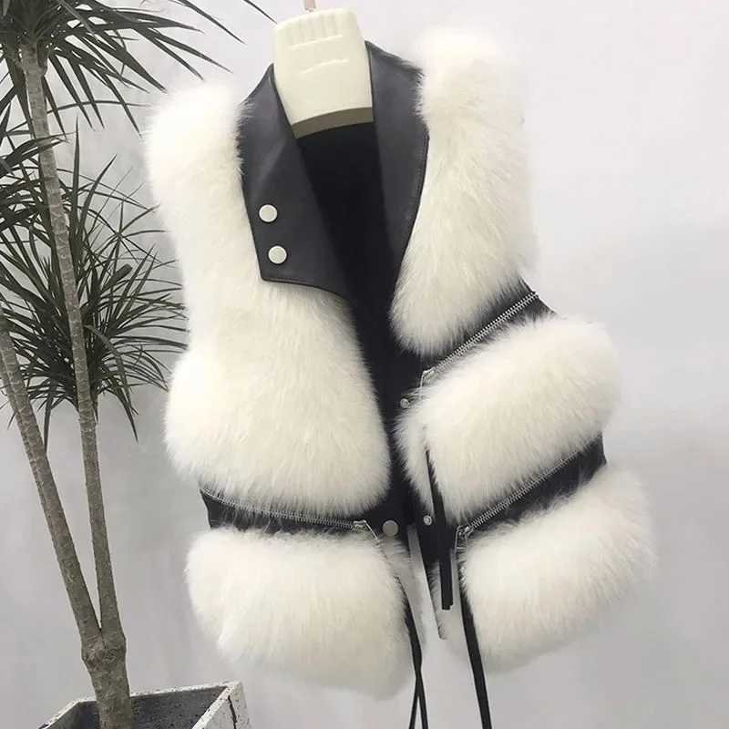 Autumn and Winter Womens Leather Fur Sleeveless Jacket Womens Lmitation Fox Fur Vest Coat Womens Fashion Short Coat Top M241004