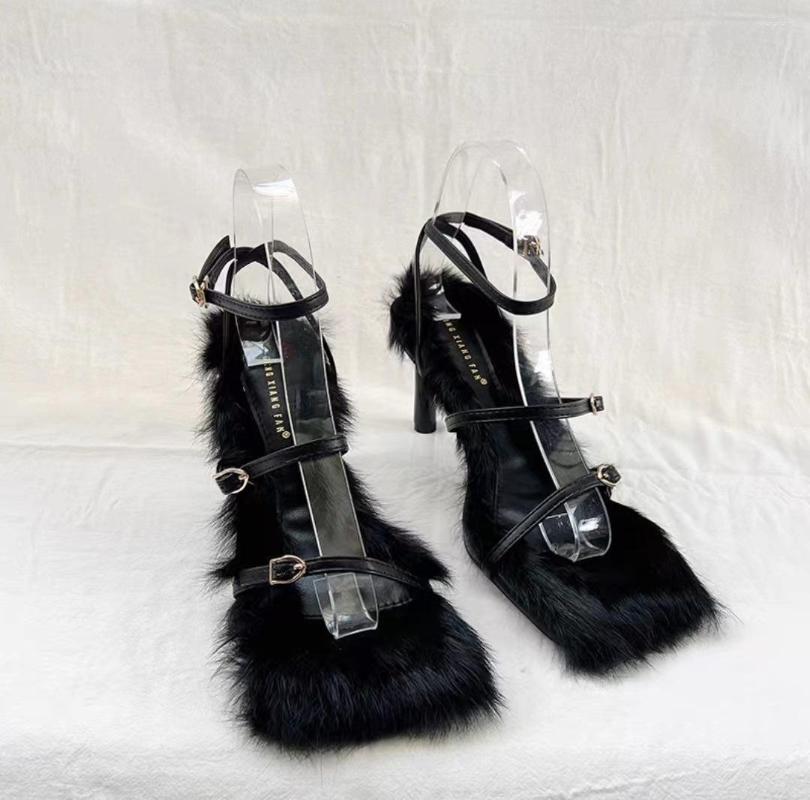 Sandals Internet Celebrity Style Square Toe Buckle Fur Open Strap High Mid Heel Stiletto Furry Elegant Sweet Outerwear