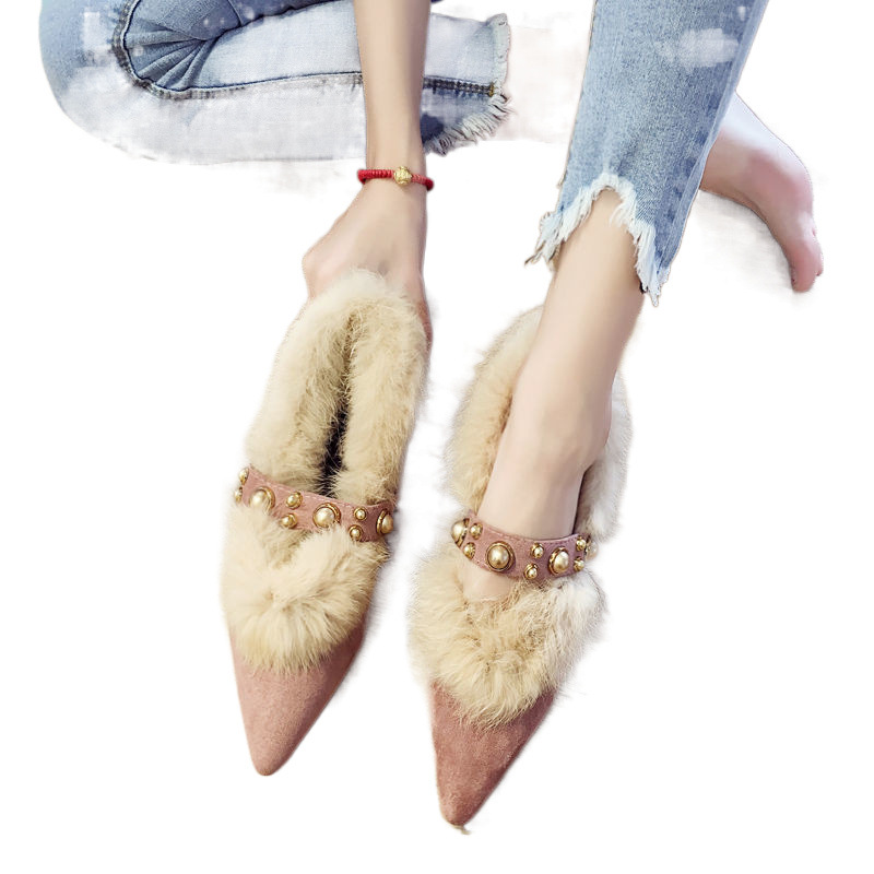 2024 New Coarse Heel Pointed Velvet Cotton Single Shoes