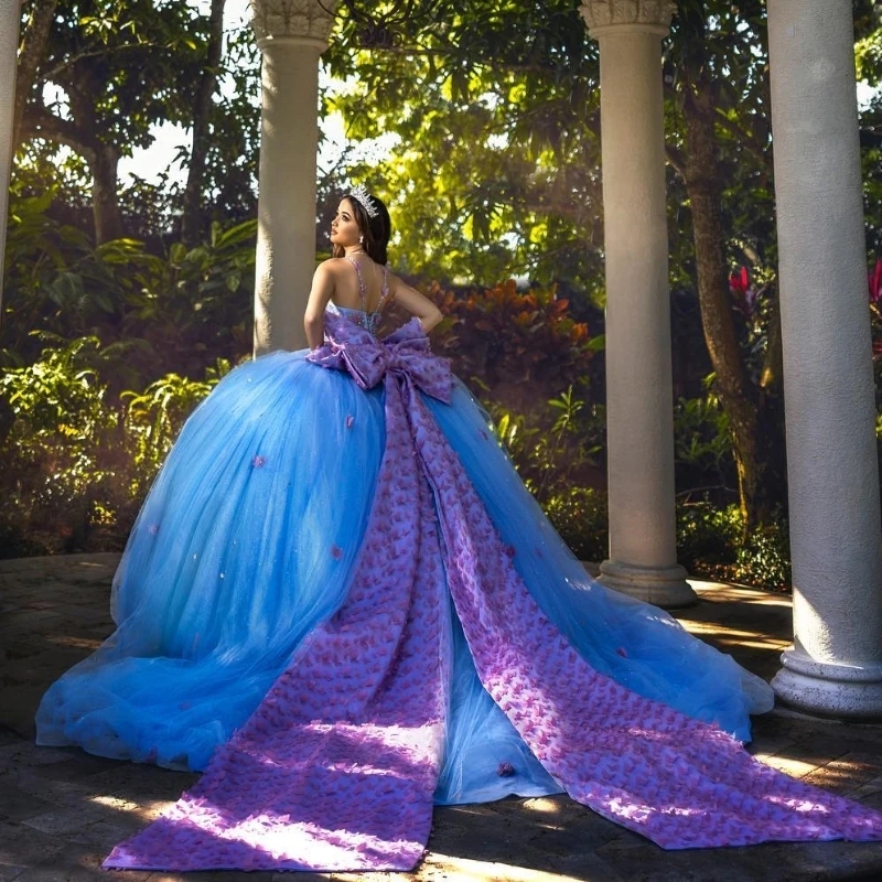 Sky Blue Princess Quinceanera Dresses Off The Shoulder Pink Bow Beads Tull Girls Ball Gown Sweet 16 Dress Vestidos De 15 Anos