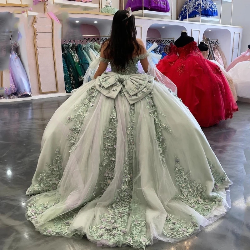 Light Green Quinceanera Dresses Ball Gown Off The Shoulder 3D Floral Applique Lace Beading Tull Corset Sweet 16 Dress Vestido 15 De Anos