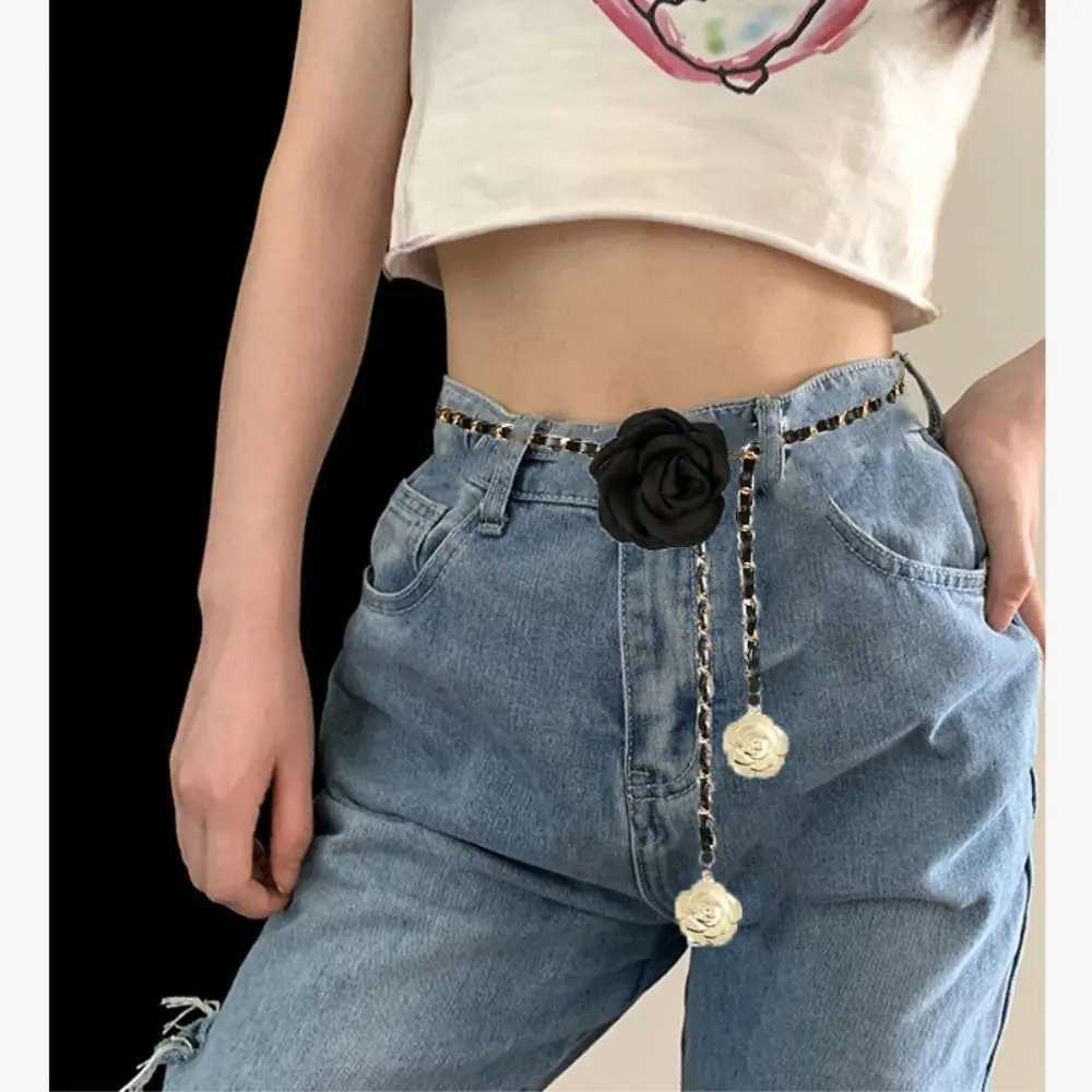1 piece of womens fashionable camellia waist chain flower leather waist chain decorative pants chain W240930