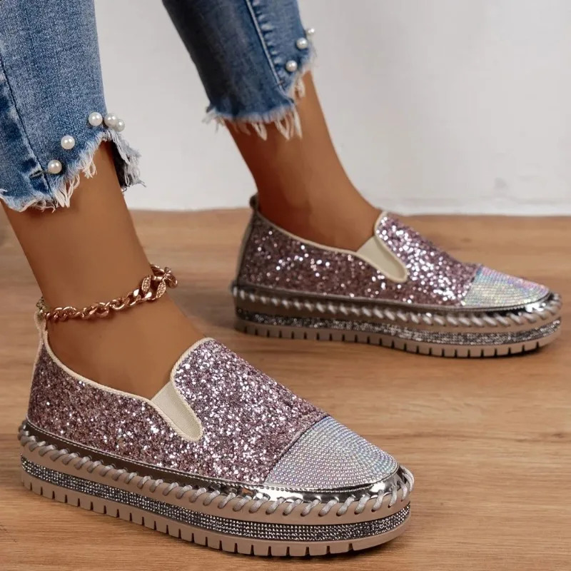 Womens sports shoes 2024 womens flat sequin sports shoes casual womens mesh lace fine diamond sequin platform vulcanized shoes 240930