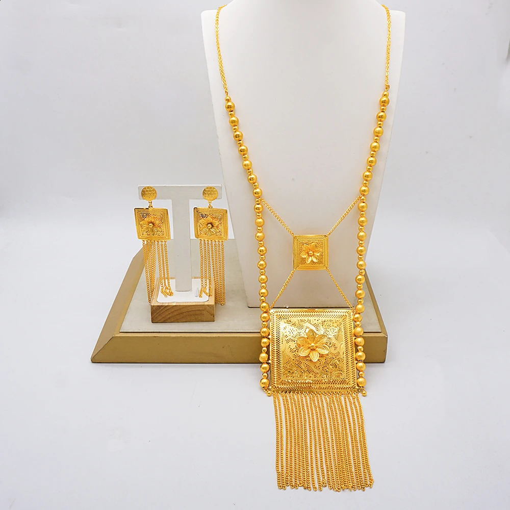 Dubai Grand Necklace Set African Wedding Banquet Jewelry Long Gold Plated Bridal Set 240926