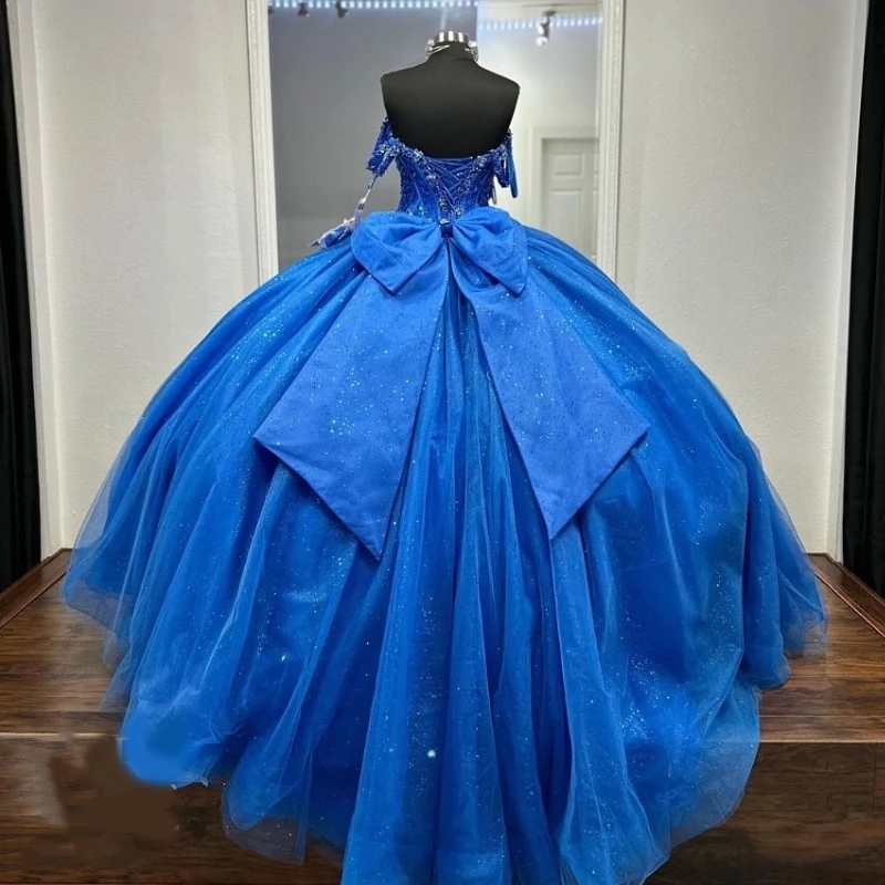 Royal Blue Shiny Princess Off Shoulder Ball Gown Quinceanera Dresses Beaded Crystal Bow Tull Lace up Sweet 16 Dress Birthday Gown