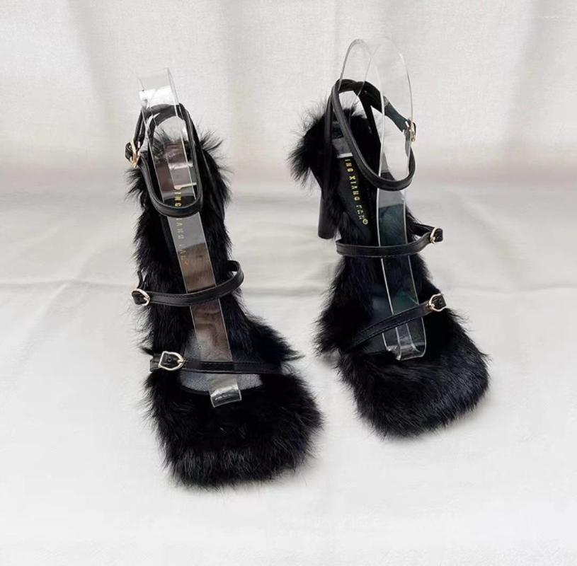 Sandals Internet Celebrity Style Square Toe Buckle Fur Open Strap High Mid Heel Stiletto Furry Elegant Sweet Outerwear