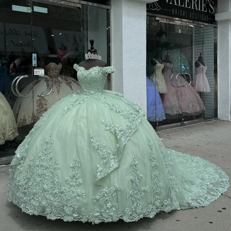 Mint Green Princess Off The Shoulder Quinceanera Dresses Ball Gown Graceful Applique Lace Beads Bow Tull Sweet 16 Dress Vestido 15 Anos