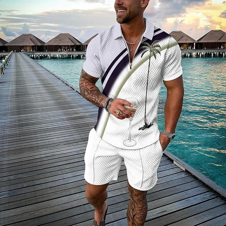 Beach Coco 3D printed mens sportswear set summer casual zipper collar polo shirt and shorts 2-piece set fashionable mens clothing 240930CJ