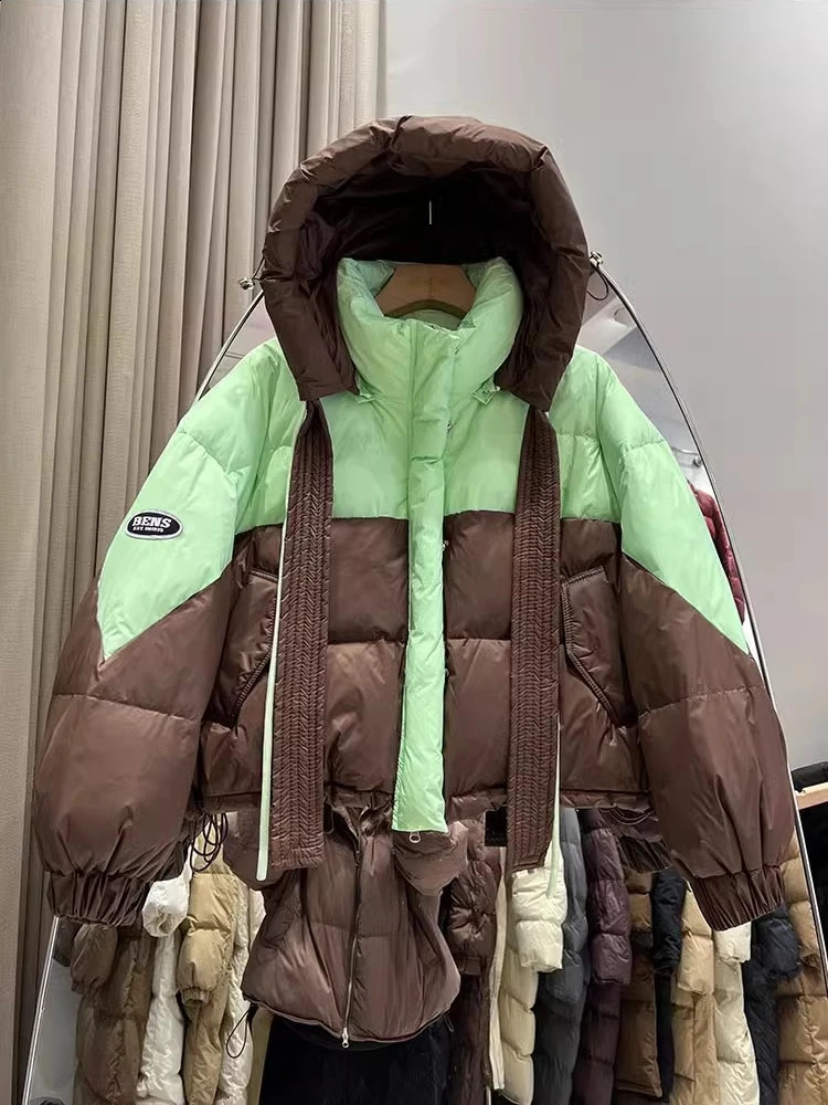 Winter plus size thick down jacket womens Y2k sweet casual bread set hoodie contrasting color white duck puff jacket 240924