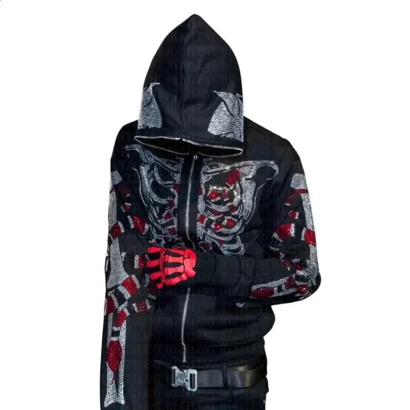 Y2K Fashion Diamond Skeleton Hoodie Womens Gothic Black Zipper Sportswear Womens Retro Harajuku Hoodie 240927