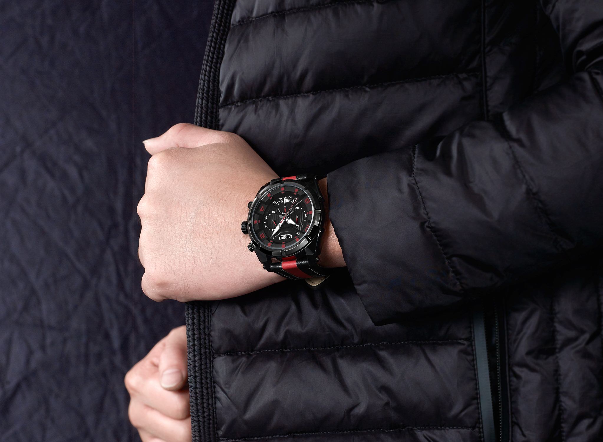 MEGIR Fashion Men's Timing Quartz Watch Leather Strap Night Light Hands 24-hour Sports Simulation Men's Watch 2076 White