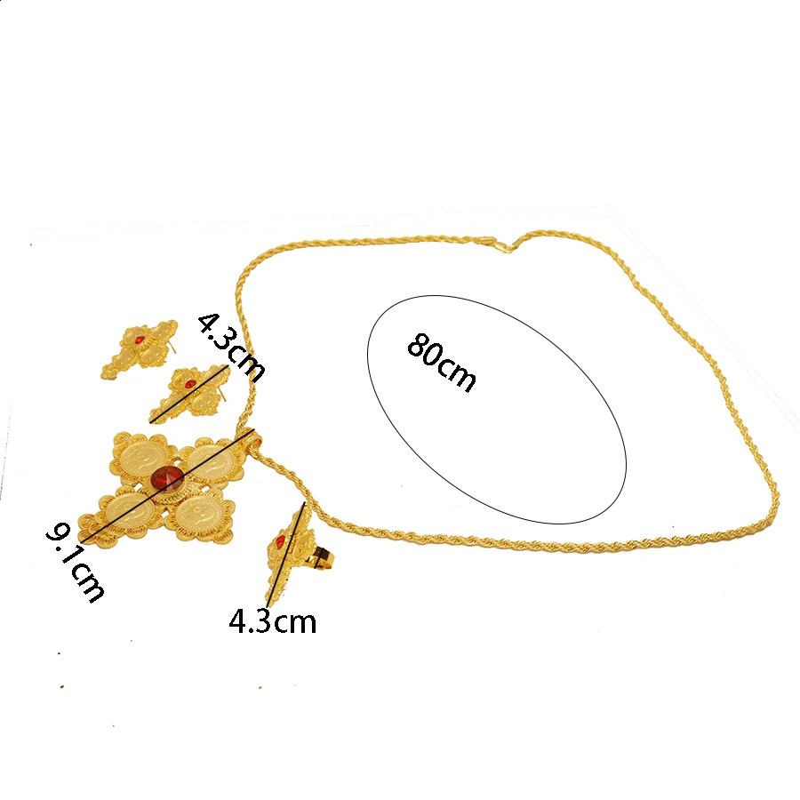 24K Gold Cross Set of Four Red Diamonds Ethiopian Middle East Womens Jewelry Dubai Earrings Rings Bracelets Necklaces Wed 240927