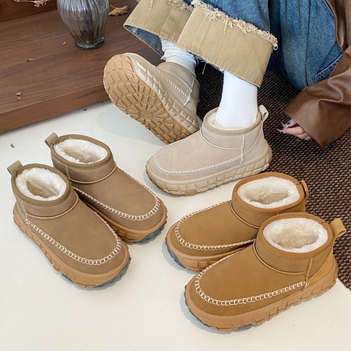 2024 Autumn/Winter Tire Bottom Snow Boots New Plush Low Top Warm Thick Bottom Cotton Boots