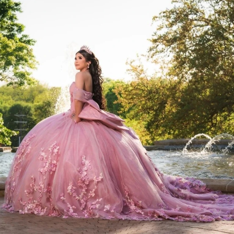 Pink Quinceanera Dresses Lace Flower Tull Sweetheart Off The Shoulder Birthday Party Dress Beading Ball Gown Vestidos 15 De Anos
