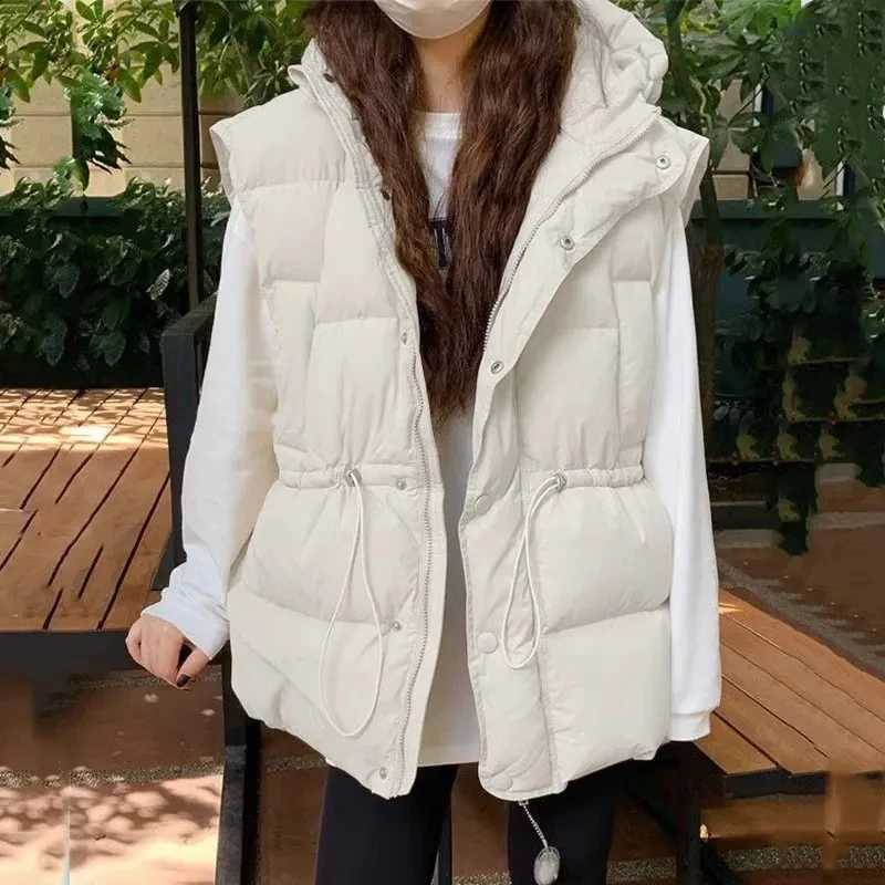 Fashion Winter Hoodie Warm Womens Fluffy Sleeveless Jacket Thick Cotton Chaleco Fashion Adjustable Waistco M241004