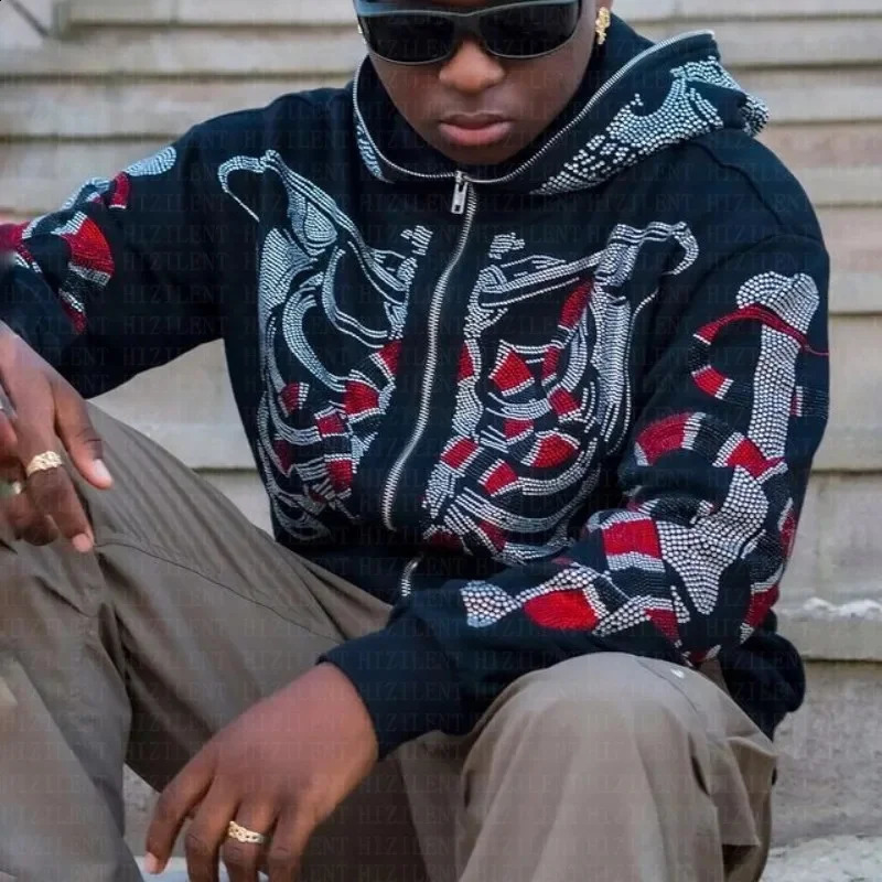 Y2K Fashion Diamond Skeleton Hoodie Womens Gothic Black Zipper Sportswear Womens Retro Harajuku Hoodie 240927