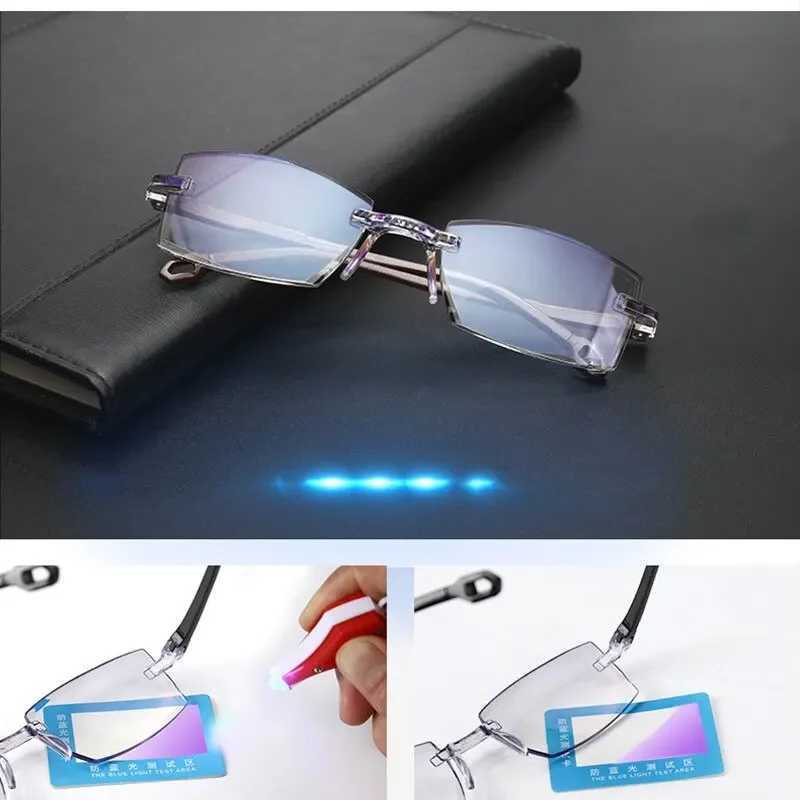2 Pair New Men Women Rimless Reading Glasses Anti Blue Light Bifocal Far Near Magnification Eyewear Presbyopic Glasses +150 +200XJ240907