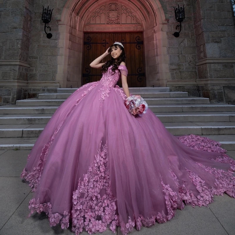 Red Rose Quinceanera Dresses Ful Glitter Off The Shoulder Princess Applique Wer Beads Tull Sweet Dress Vestidos De Anos D