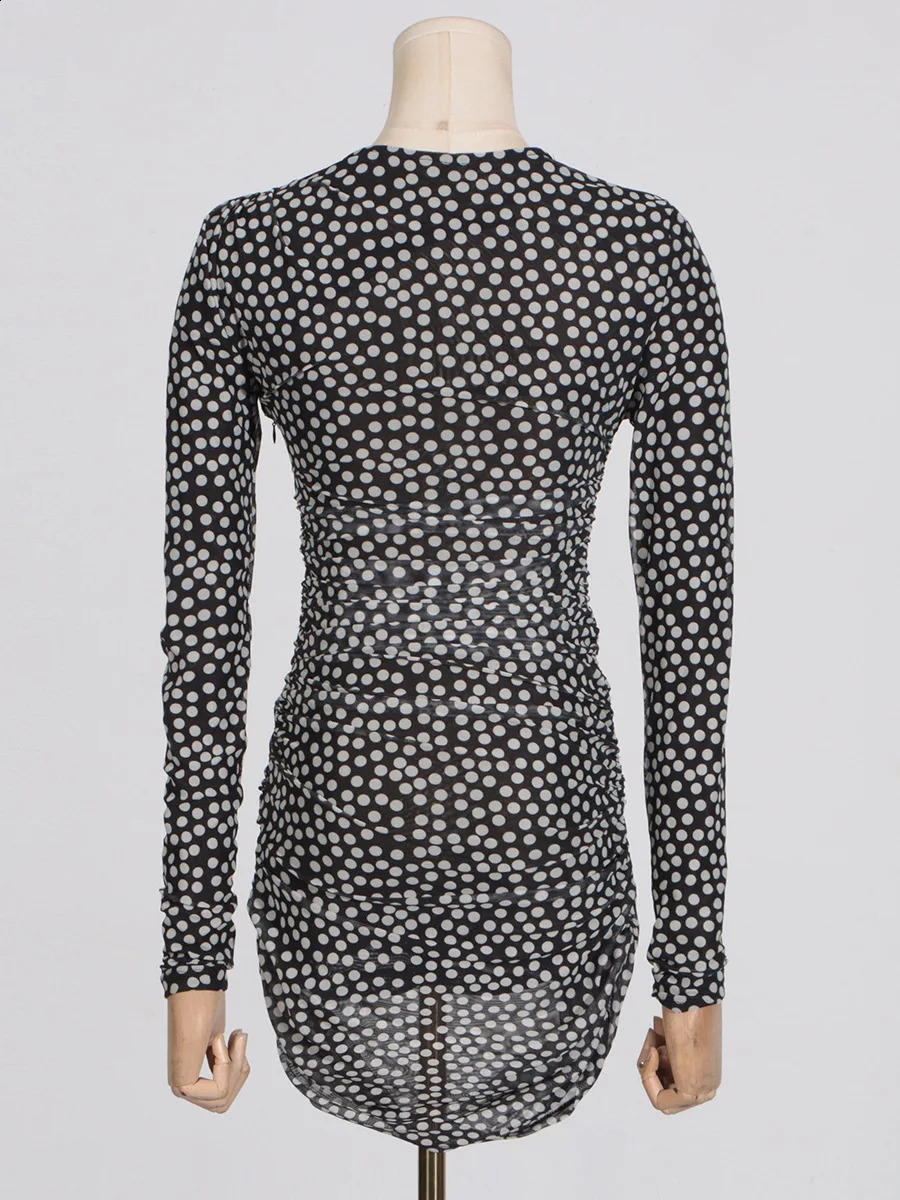 Womens sexy polka dot round neck long sleeved mini dress 240929