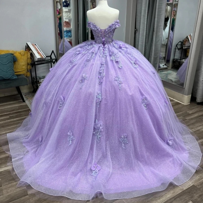 Lavender Quinceanera Dresses Applique Beaded 3D Flowers Applique Beads Off Shoulder Ball Gown Sweet 16 Dress Birthday Party Vestidos De 15 Anos