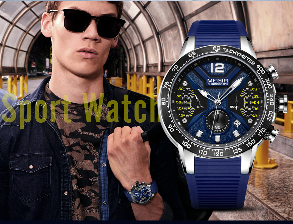 MEGIR Blue Sports Watch Men's Silicone Strap Timing Waterproof Night Light Fashion Casual Quartz Watch Men's 2106