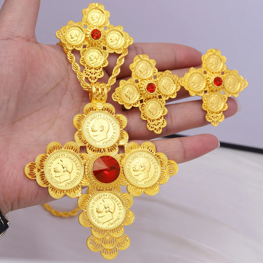 24K Gold Cross Set of Four Red Diamonds Ethiopian Middle East Womens Jewelry Dubai Earrings Rings Bracelets Necklaces Wed 240927