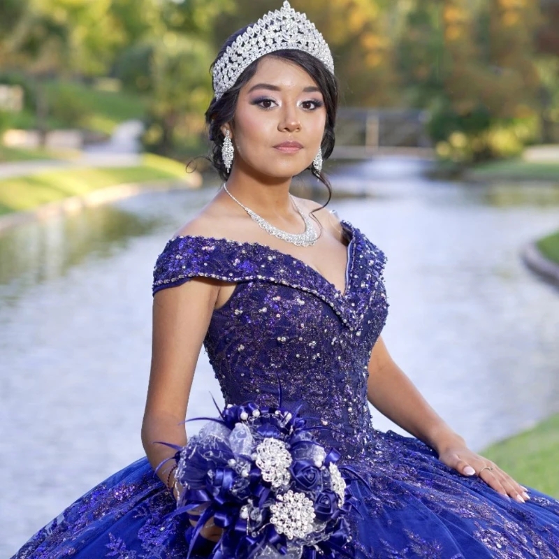 Navy Blue Princess Quinceanera Dresses Off the Shoulder Ball Gown Sweet 16 Dress Sequin Appliques Lace Beads Tull Party Birthday Vestidos 15 Anos