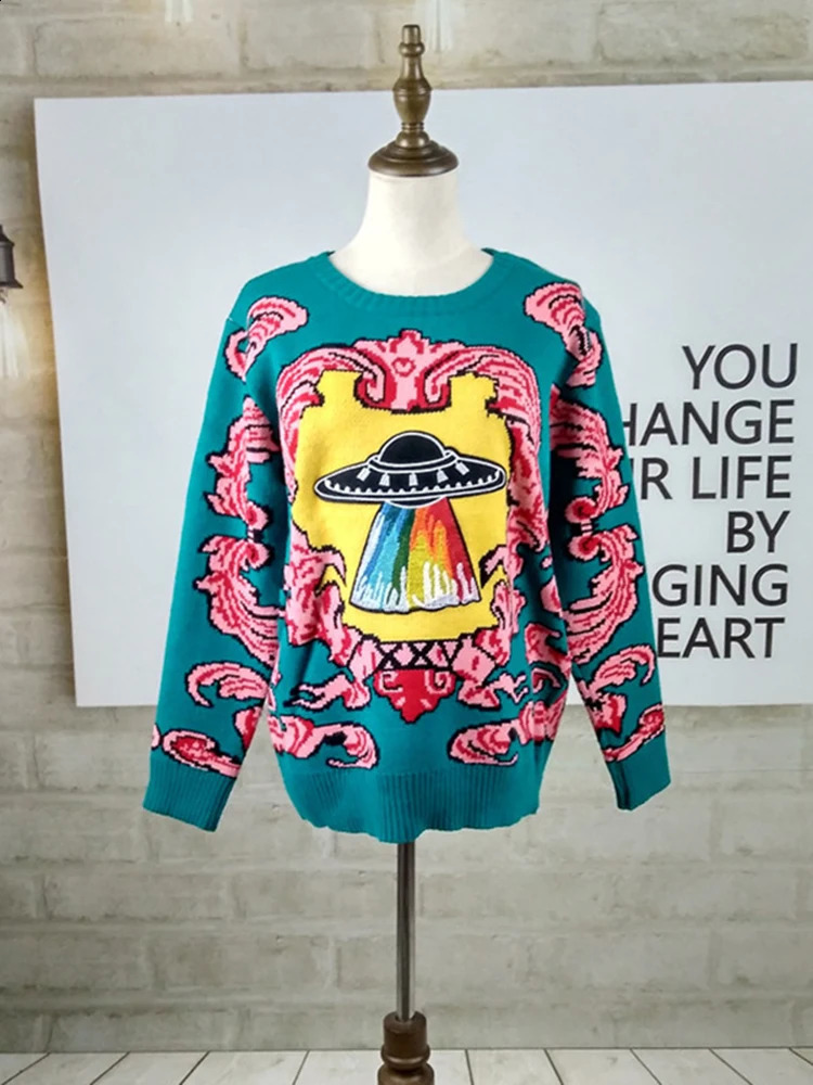 Women Vintage Warm Thicken Sweaters UFO Clouds Jacquard Pullovers Winter Autumn Knitted Retro Loose Tops Blusas C012 240925