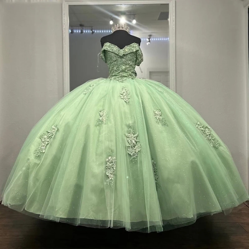 Luxury Sage Green Off The Shoulder Mexican Quinceanera Dressess Applique Lace Beads Tull Party Birthday Lace Up vestido 15 De Anos Sweet 16 Dress