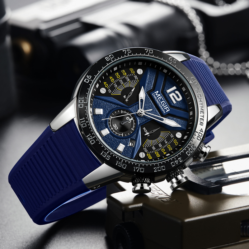 MEGIR Blue Sports Watch Men's Silicone Strap Timing Waterproof Night Light Fashion Casual Quartz Watch Men's 2106