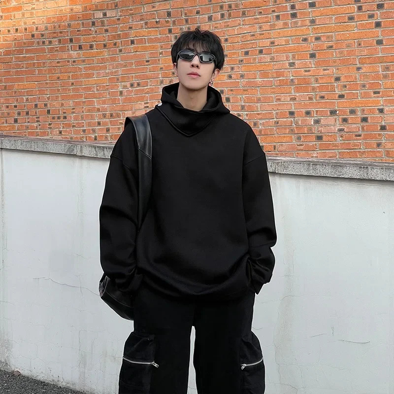 Y2K Retro Turtle Neck Mens Hoodie Solid Color Pullover Sweater Autumn Street Fashion Hoodie 240927