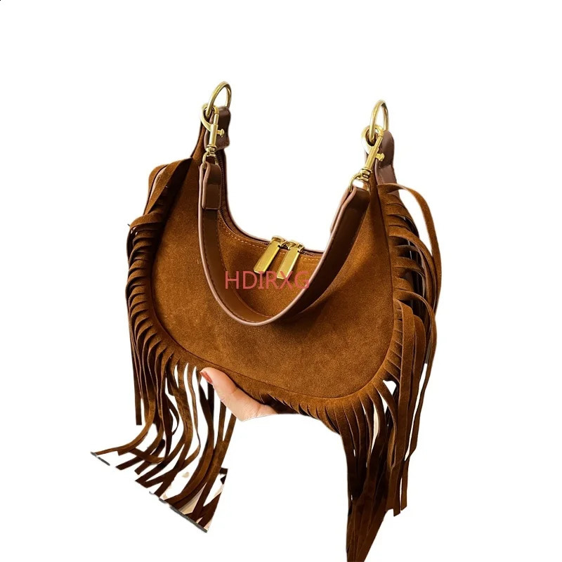 3 Half Moon Underwear Fashion Tassel Suede Leather Shoulder Bag Womens Retro Armpit Handbag Sac A Main 240929 4