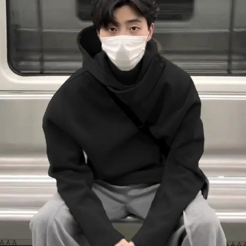 Y2K Retro Turtle Neck Mens Hoodie Solid Color Pullover Sweater Autumn Street Fashion Hoodie 240927