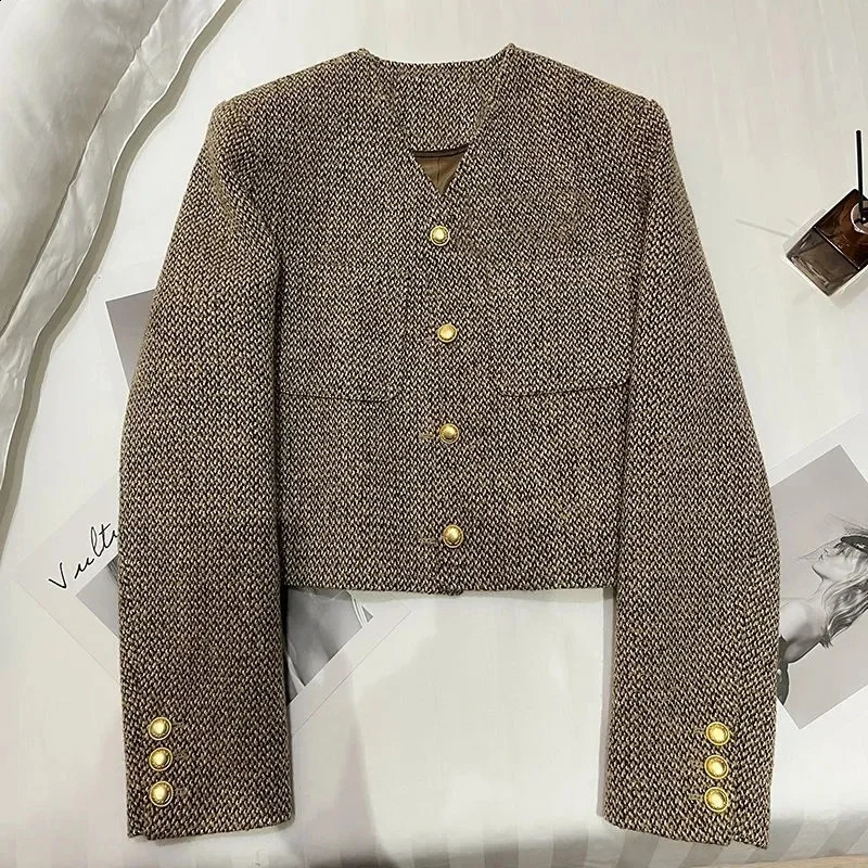 Coarse woolen coat autumn Korean simple jacket O-neck retro single chest set khaki coat top I185 240930