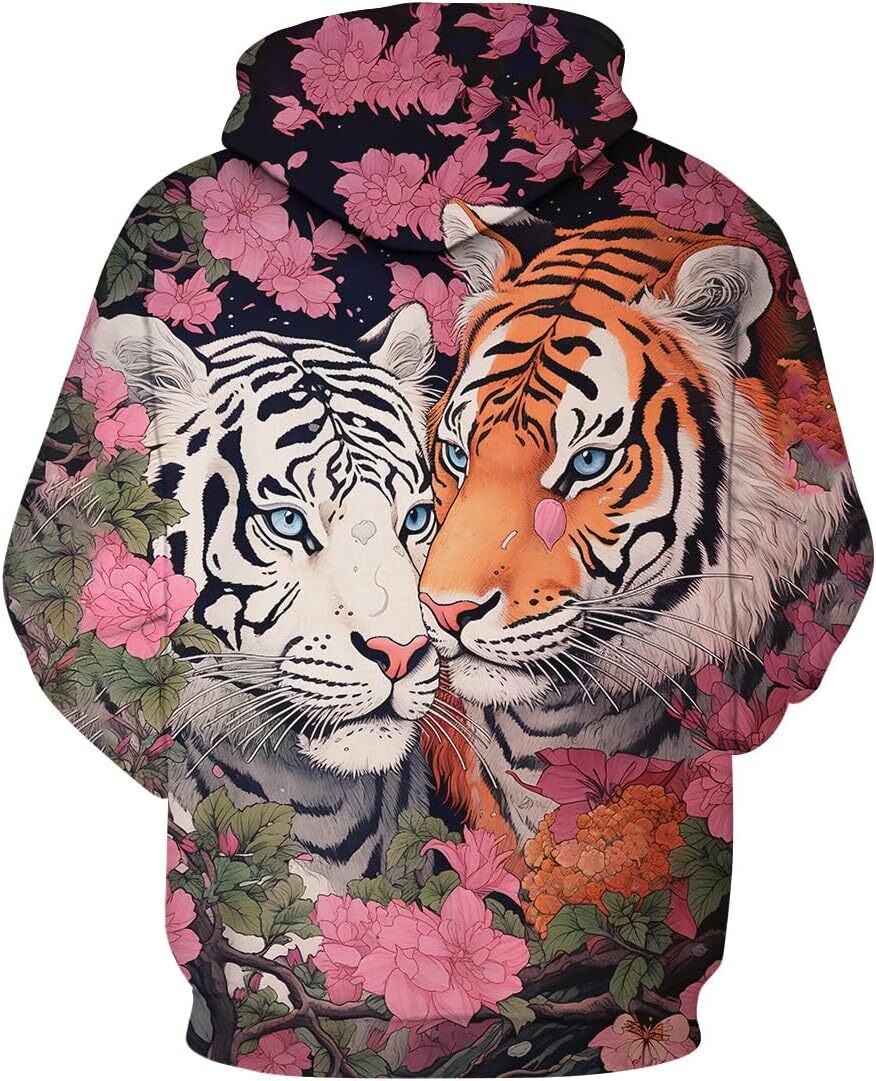 Hoodie for Mens Womens Vintage Colorful Collision Animal Tiger Hoodies Hooded Splatted Ink Flower White Tiger Sweatshirts Pullover Graphic Hoodies swe