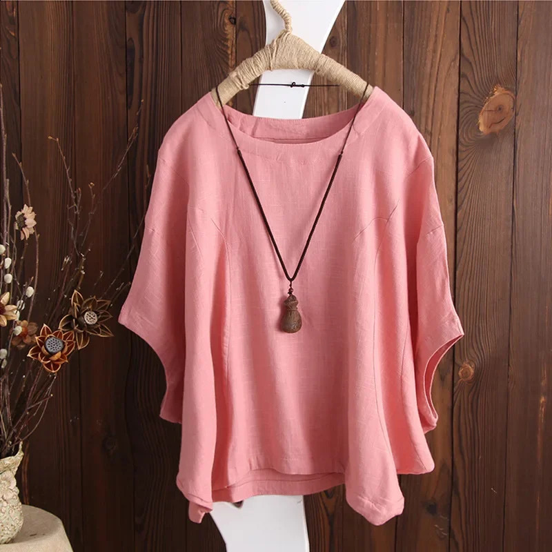 Cotton Linen Shirts Women Casual Solid Blouses Shirts Loose Tops Tunic Blusas Oversized TShirt Blouse Women Short Sleeve Shirt 240930