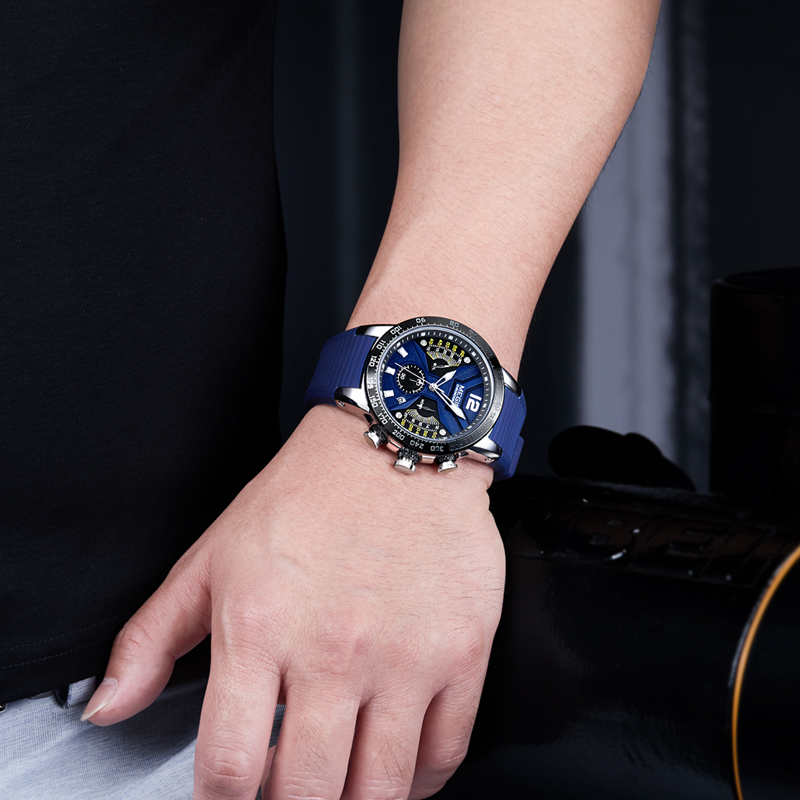 MEGIR Blue Sports Watch Men's Silicone Strap Timing Waterproof Night Light Fashion Casual Quartz Watch Men's 2106