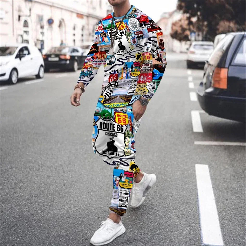 Fashionable mens track suit set long sleeved T-shirt Trouser 2-piece set 66 highway printed mens oversized clothing trend retro streetwear 240927