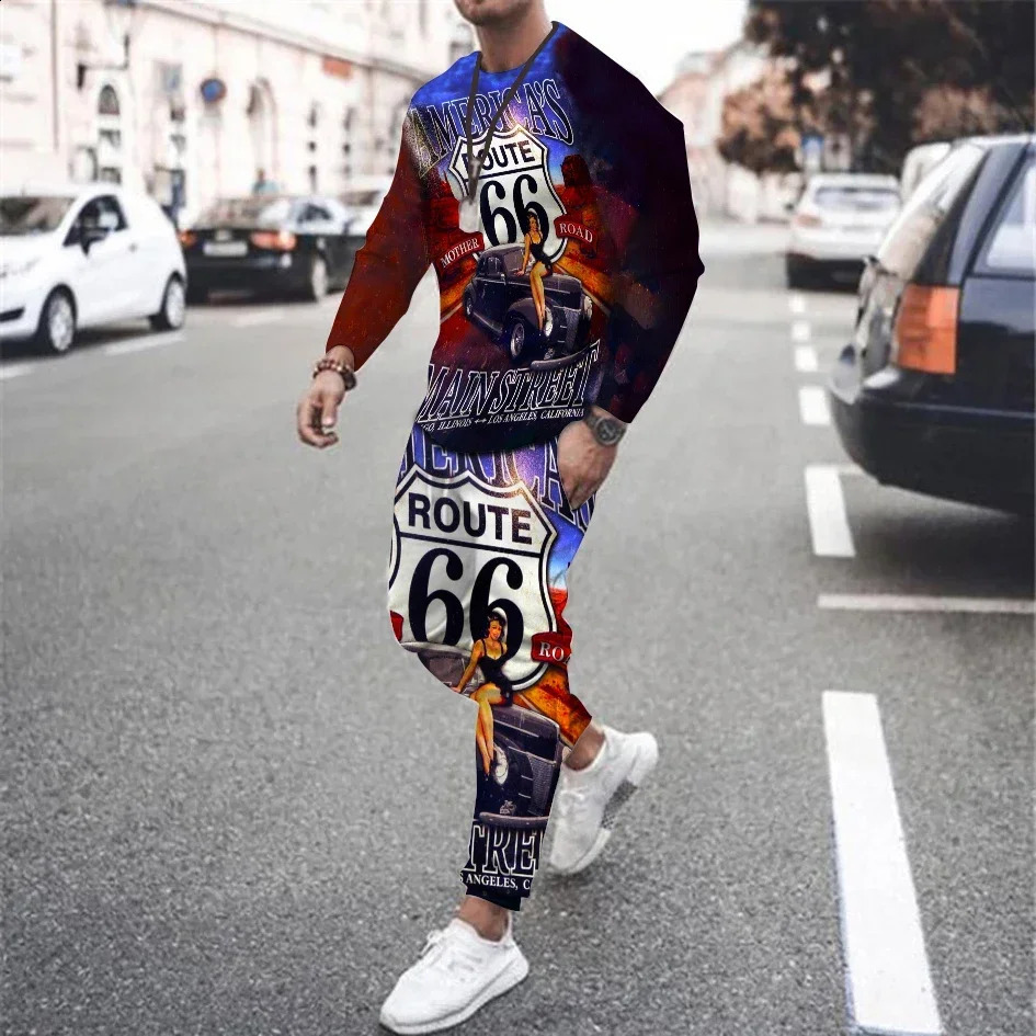 Fashionable mens track suit set long sleeved T-shirt Trouser 2-piece set 66 highway printed mens oversized clothing trend retro streetwear 240927