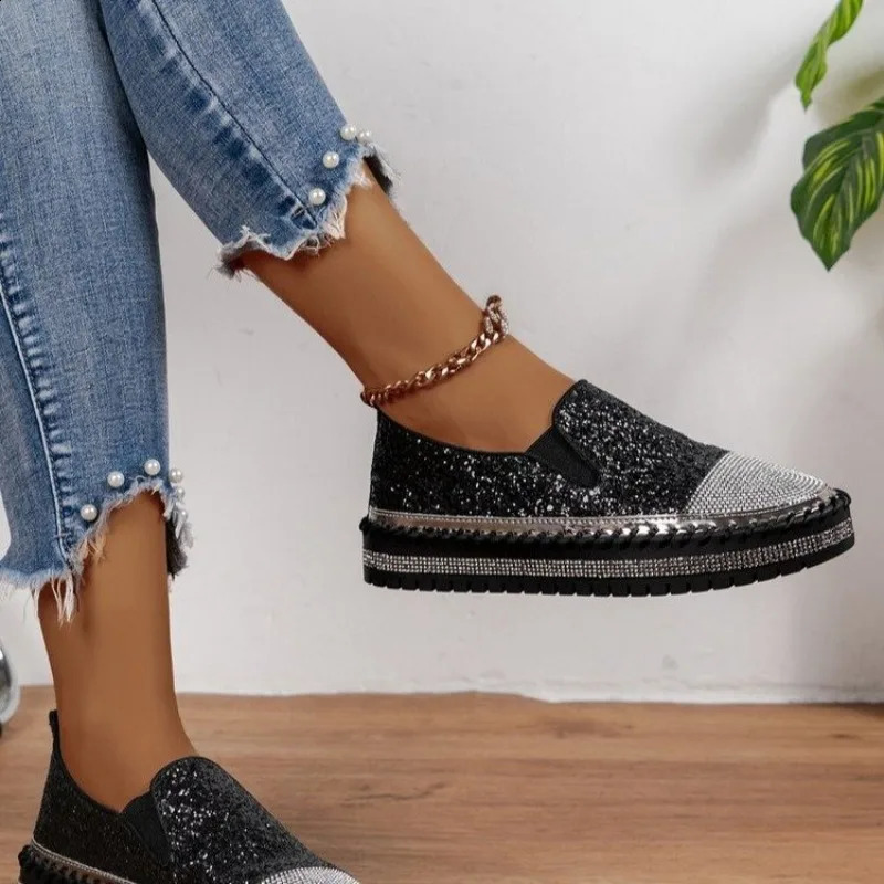 Womens sports shoes 2024 womens flat sequin sports shoes casual womens mesh lace fine diamond sequin platform vulcanized shoes 240930